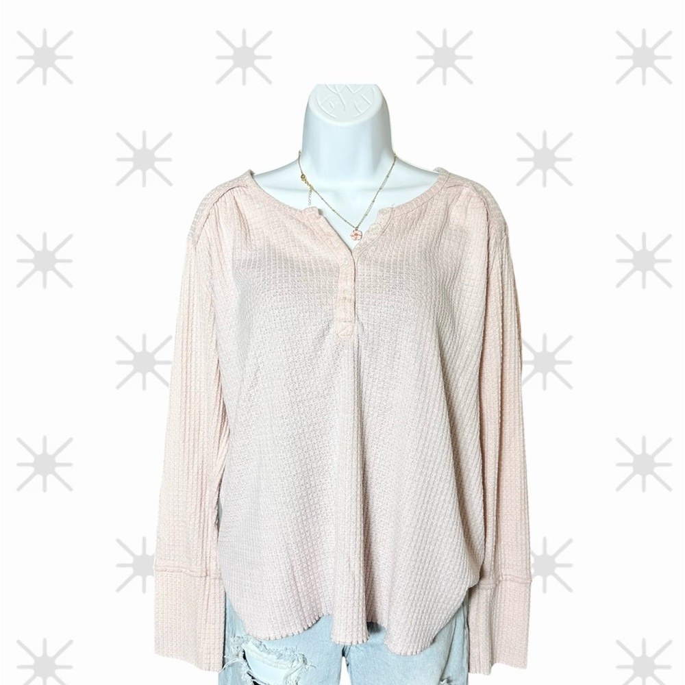 Anthropologie Waffle Knit Henley Size Large Blush Pink Long Sleeve Flowy Boho